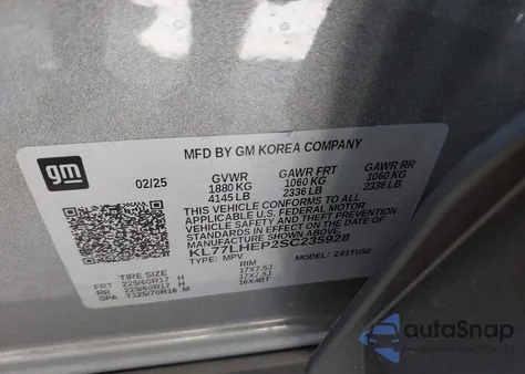 2025 Chevrolet Trax Fwd Lt из США, поврежденный, VIN KL77LHEP2SC235928